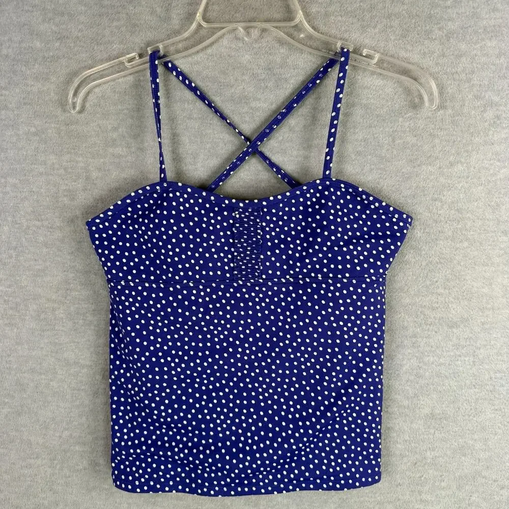 Lands End Kids Girls 12+ Tankini Swim Top Blue White Polka Dots Crossed Straps